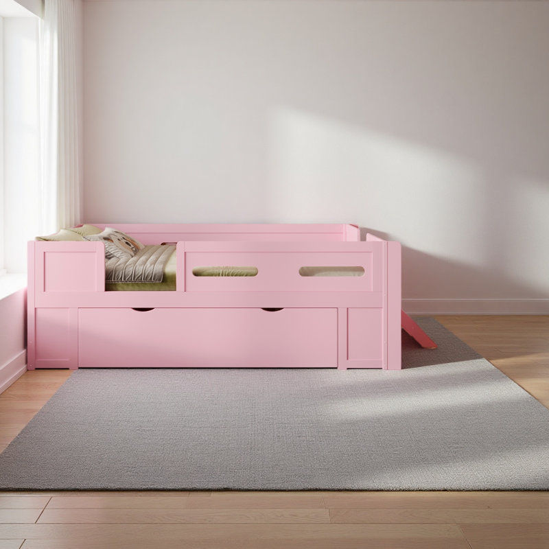 Lit plateforme en bois avec garde-corps et tiroir, Lit double, Rose
