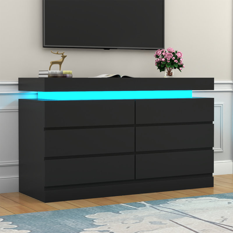 Commode 6 tiroirs pour chambre à coucher avec prise de courant et lumières DEL