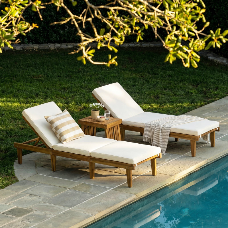 Outdoor Acacia Wood Chaise Lounge with Table