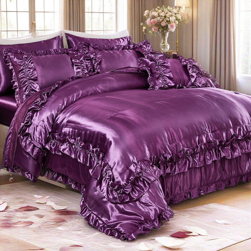 Silk Like Satin Comforter Set Queen Size 8 Pieces Purple Satin Ruffle Bed in a Bag Farmhouse Style Luxury Silky Bedding Comforter Set for Women and Teens