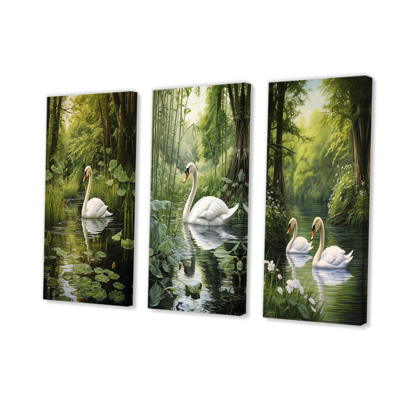 «Swans Refuge By The Lake», ensemble de 3 impressions sur toile Swans, Toile tendue, H 28 po x l 36 po