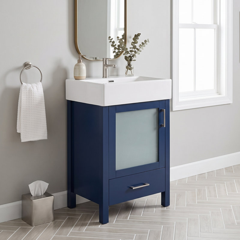 Meuble-lavabo autoportant de 20 po en bleu avec lavabo intégré en céramique blanc, porte à fermeture en douceur, assemblage requis