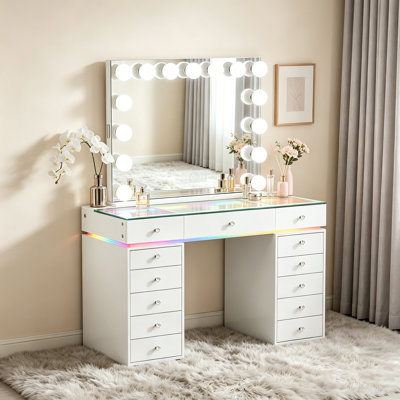 Ensemble de meuble-lavabo avec miroir lumineux et plateau en verre HD avec 13 bandes de lumière DEL intégrées
