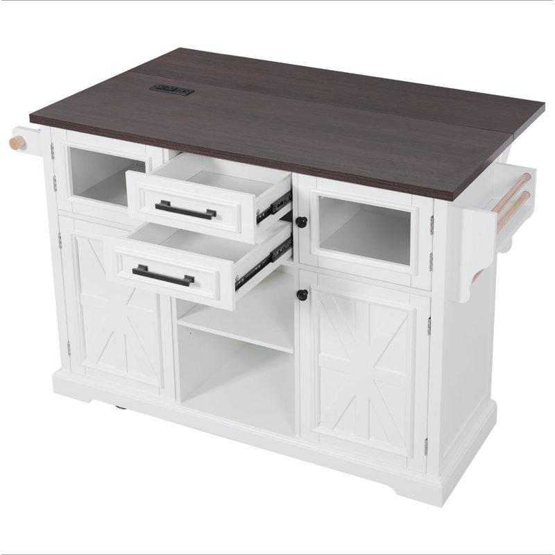 54.9" Kitchen Island With Drop Leaf, Power Outlet, Kitchen Storage Cart With 4 Door Shelves, Cross Barn Doors & Visual Glass Door, Rolling Kitchen Island On 4 Wheels For Kitchen, Dining Room
