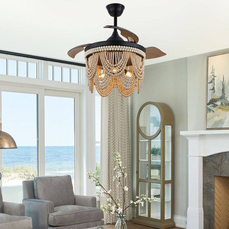 Dayzhane 42 Inch Farmhouse Boho Retractable Ceiling Fan with Light, 6-Speed Wood Beaded Ceiling Fan with Remote Control