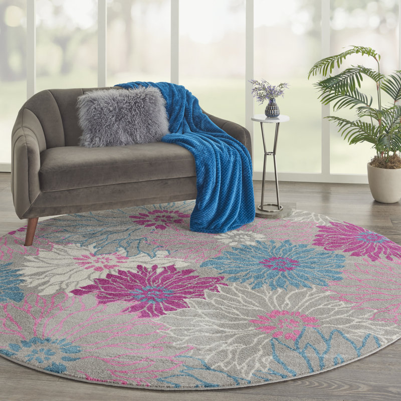 Tapis gris / rose / bleu à motif floral Carollee, Rond 5 pi 3 po