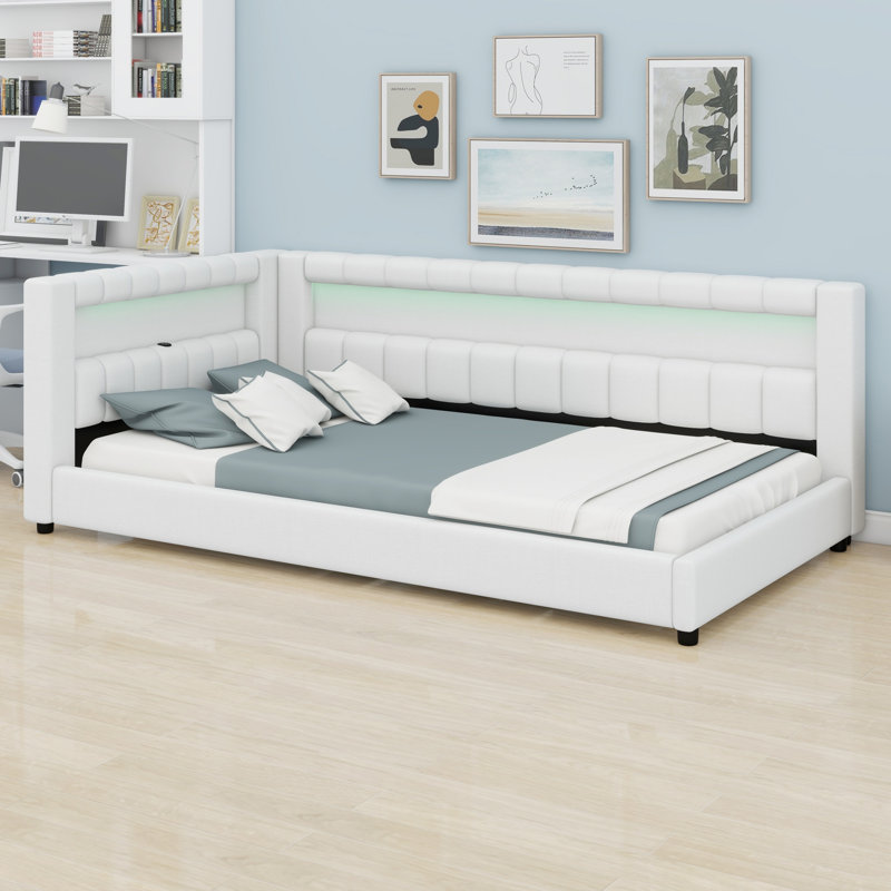 Upholstered Bed Frame with LED Lights and USB Ports for Bedroom, Cream White, Extra-long Twin
