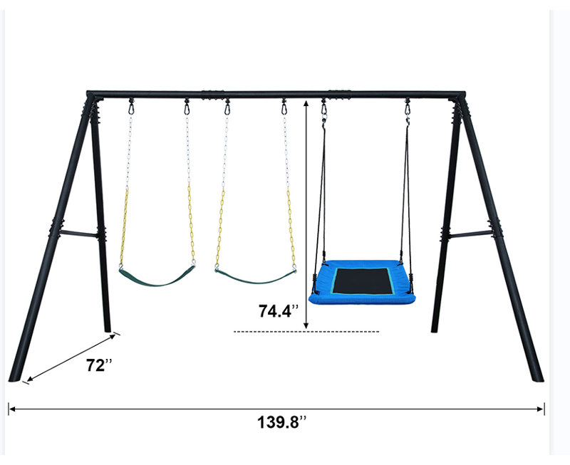 Heavy-Duty Black Metal Swing Set with Blue Platform and Belt Swings