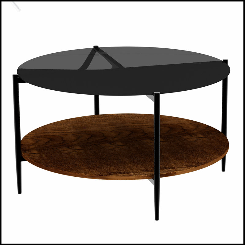 Table basse de style moderne Mid-Century avec tablette en bois, structure en métal noir, conception peu encombrante pour les salons