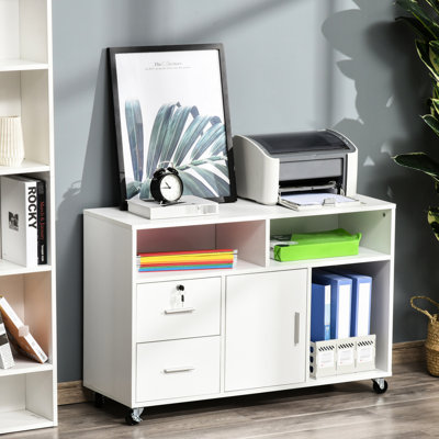 Printer Stand Home Office Mobile Cabinet Organizer Desktop With Caster Wheels, 2 Locking Breaks And Drawer, White