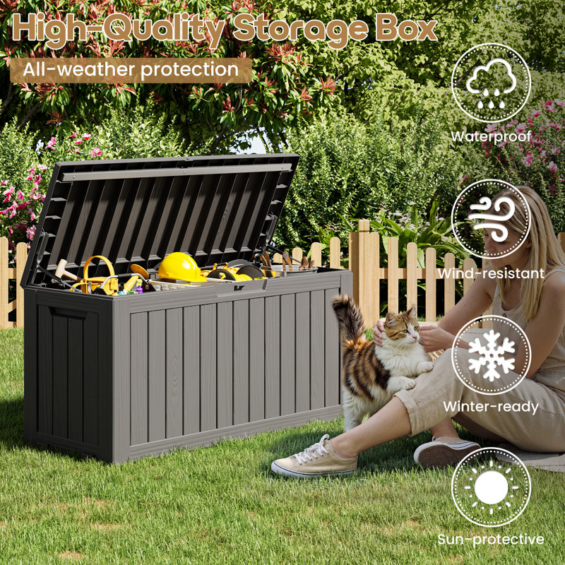 Boîte de rangement extérieure en résine avec couvercle à fermeture en douceur hydraulique - Grand coffre de terrasse verrouillable et imperméable avec roues et poignées