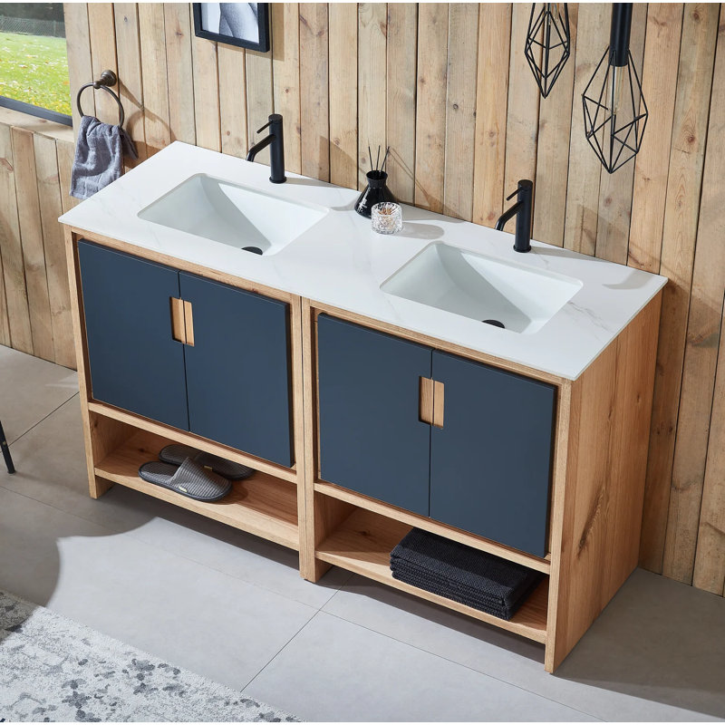 Tomesia 60" Veneer Plywood Bathroom Vanity with Engineered Stone Top, Black of Night/Maple, White