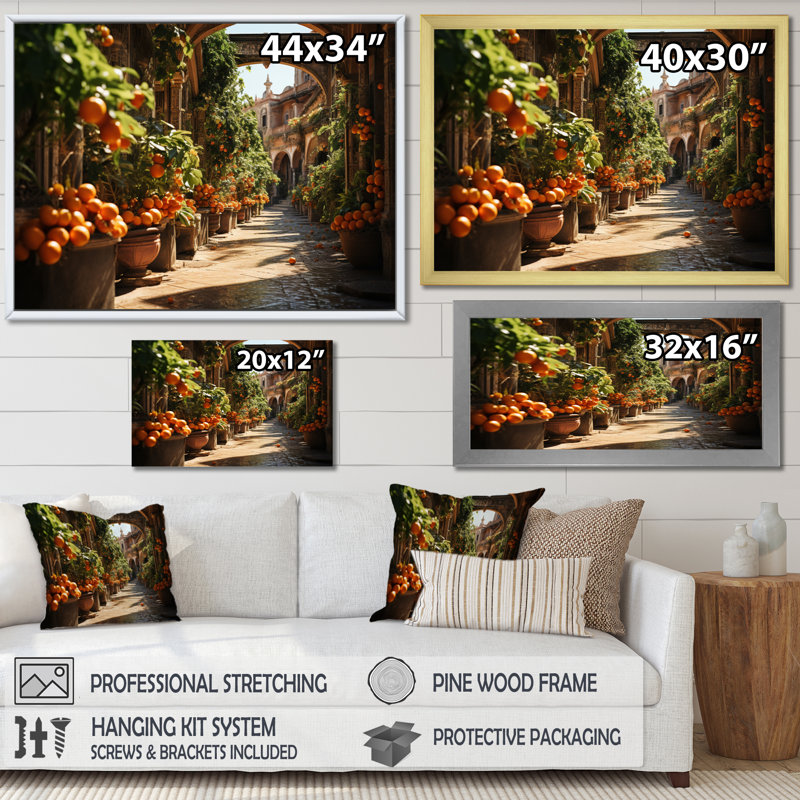 Koleigh, Séville, orange, arbres sur toile, H 16 po x l 32 po x P 1 po, Cadre simple blanc