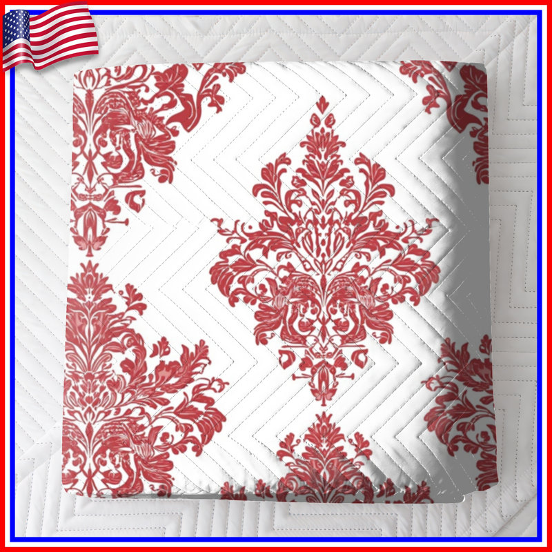 Red Damask Pattern Quilted Bedspread All Sizes, Twin