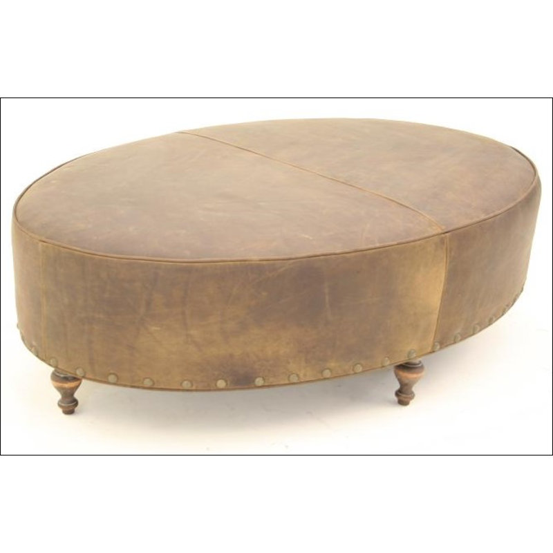 Oval Leather Ottoman, Hair Hide Brindle Light Exotic, Pewter, Old Gold E