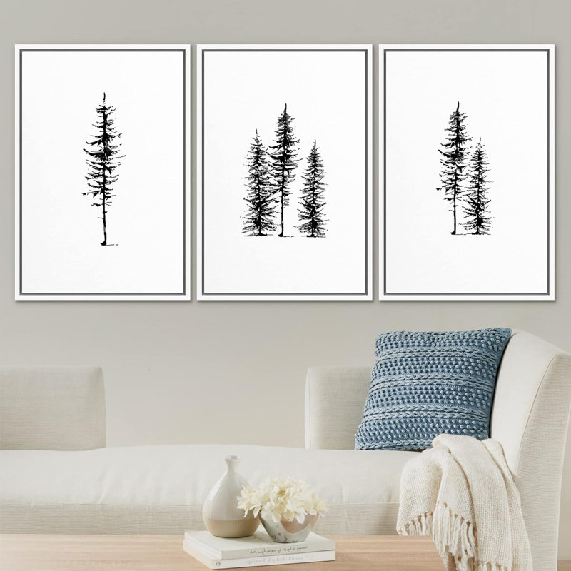 «Black and White Winter Pine Minimalist Modern», ensemble de 3 reproductions d'art encadrées sur toile, L 48 po x H 24 po