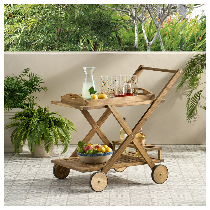 Chariot-bar en bois d'acacia teinté naturel avec roues