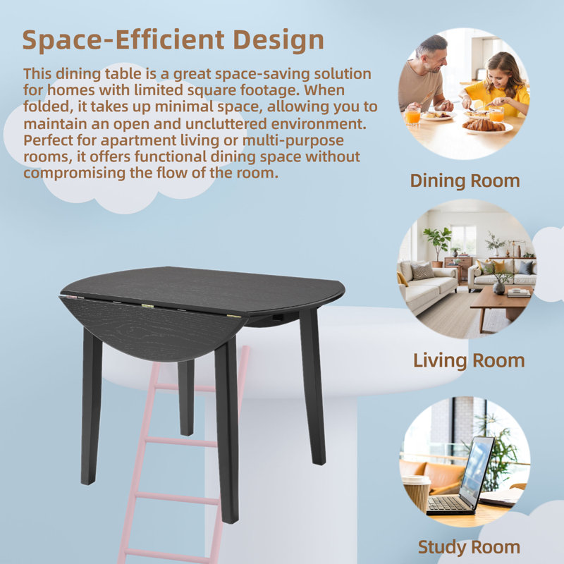 Round Dining Table With 2 Drop Leaf, Black