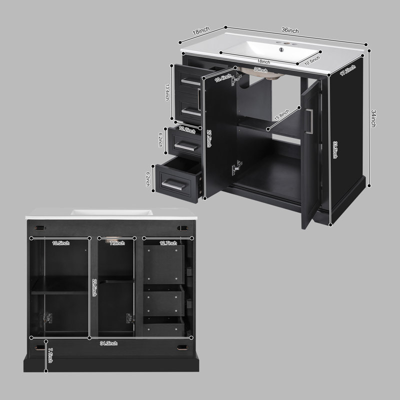 Meuble-lavabo 36 po avec lavabo en céramique, Noir, Chrome chrome