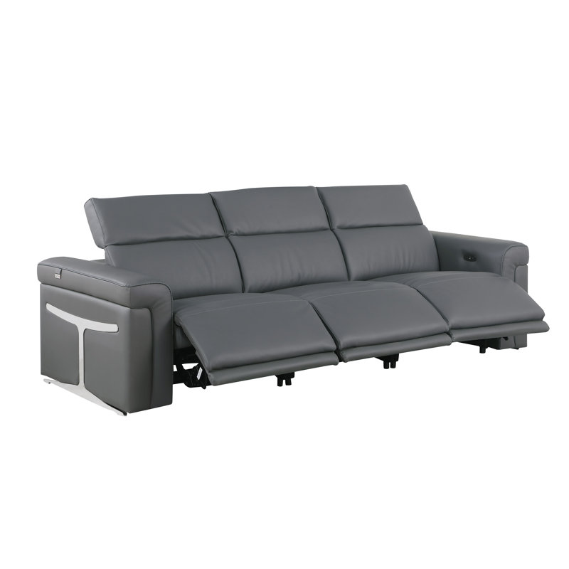 3-Power Seat Reclining Italian Leather Sofa With Power Headrest, Dark Gray