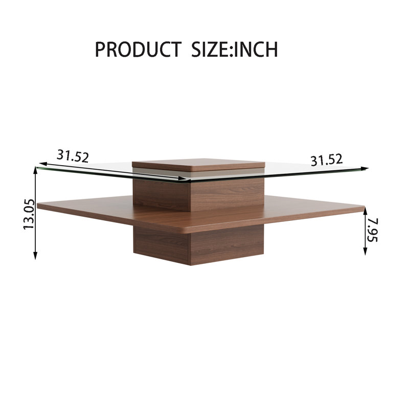 Table basse moderne carrée avec plateau en verre trempé transparent et tablette de rangement, Brown