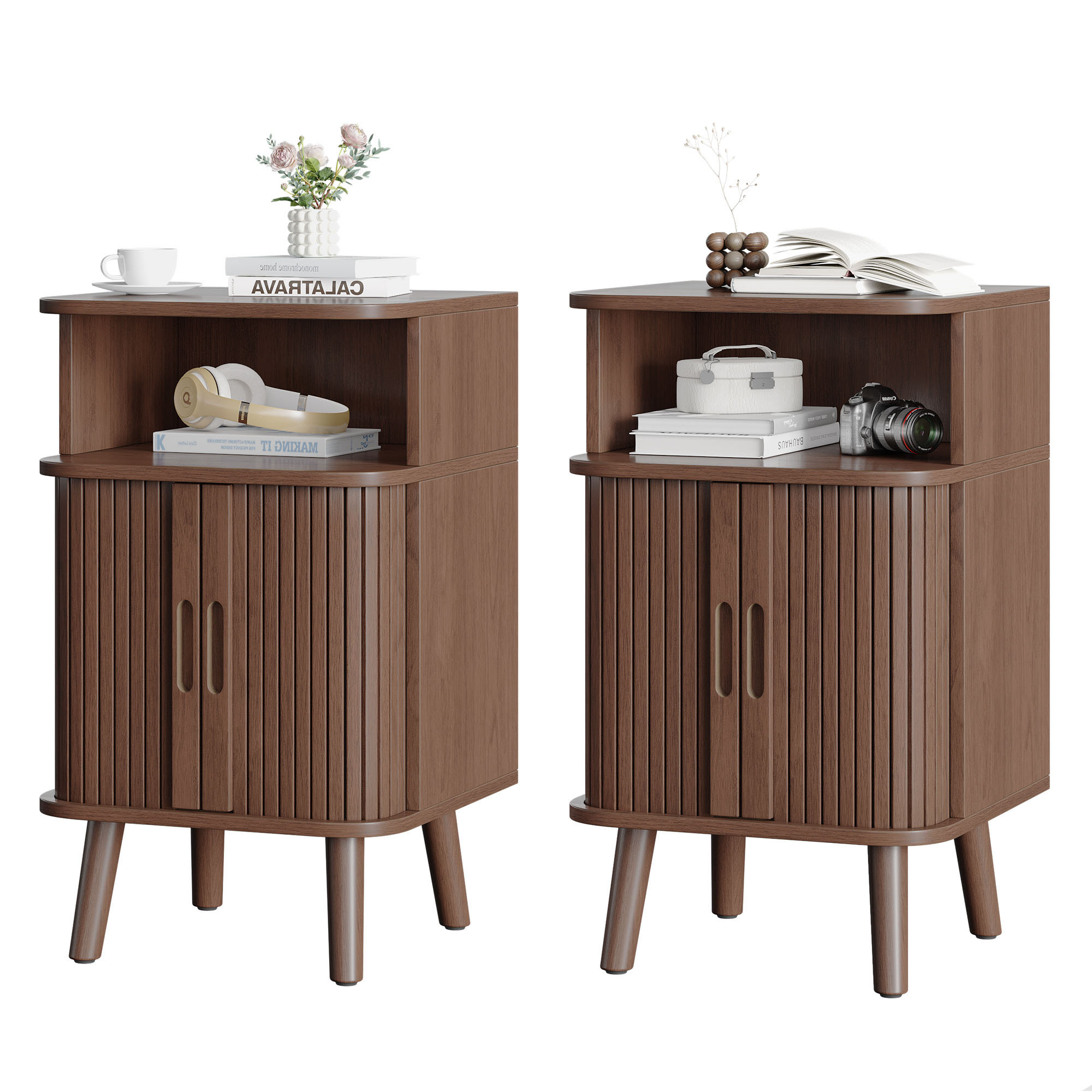 George Oliver Mid Century Modern Nightstand, Fluted End Table With Open Shelf and Storage Cabinet, Curved Round Edge Wood Bedside Table with Slide Doors & Reviews | Wayfair