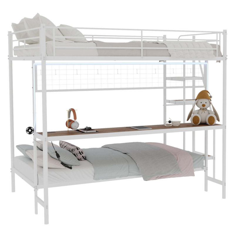 Lit superposé double au-dessus de simple avec bureau encastré et éclairage à DEL - Loft peu encombrant pour enfants et adolescents, structure robuste, assemblage facile, parfait pour les chambres à coucher et les dortoirs (sans matelas)