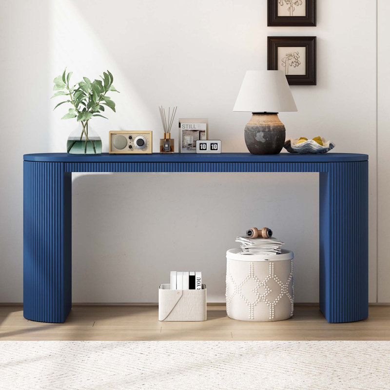 Curved Design Console Table With Unique Vertical Stripe Design, Navy