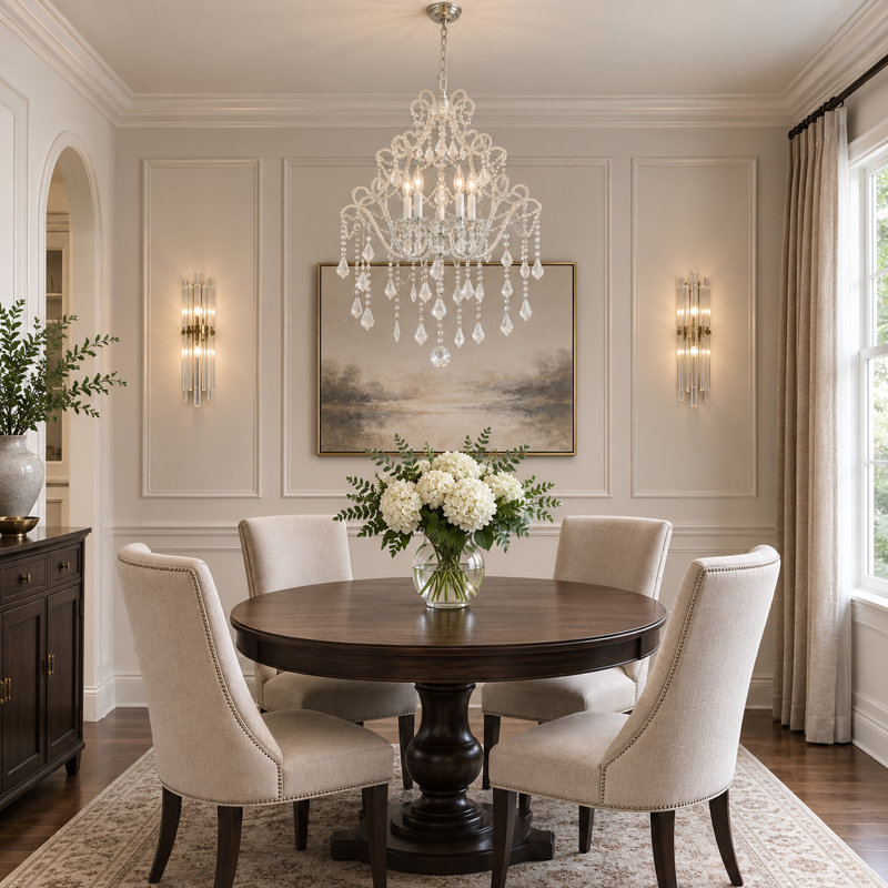 Lustre en cristal blanc traditionnel 5 lumières, Blanc / Clair
