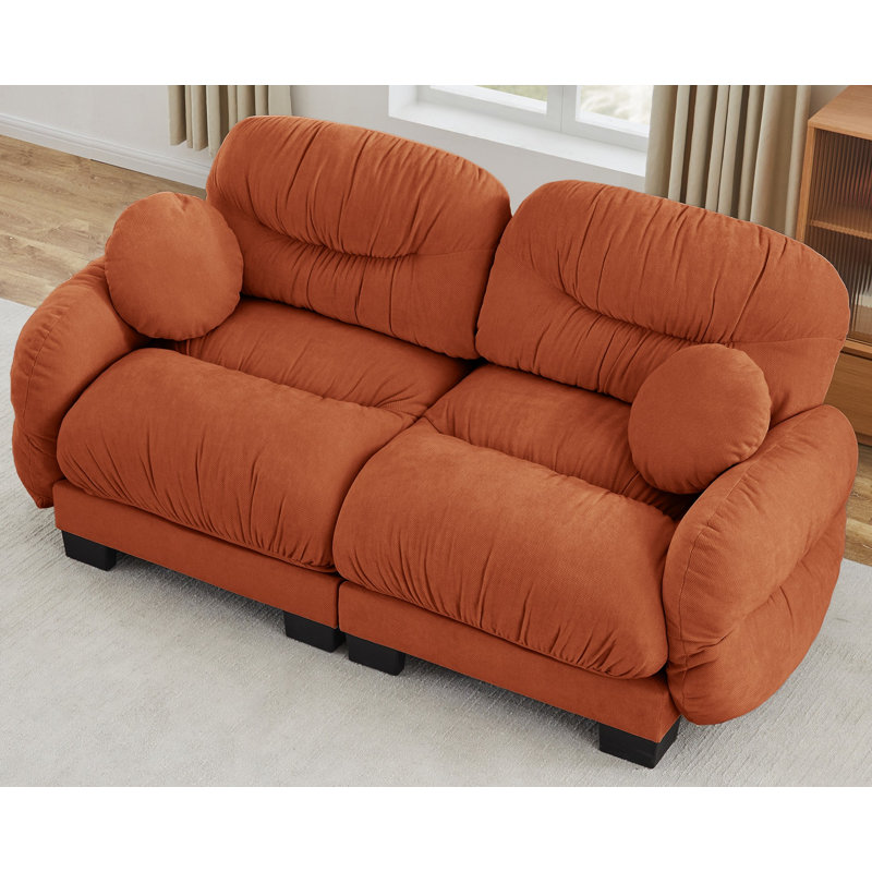 Canapé modulaire confortable à 2 places en tissu de chenille plissé avec siège ergonomique en mousse haute densité, accoudoirs arrondis arrondis et 2 coussins décoratifs ronds