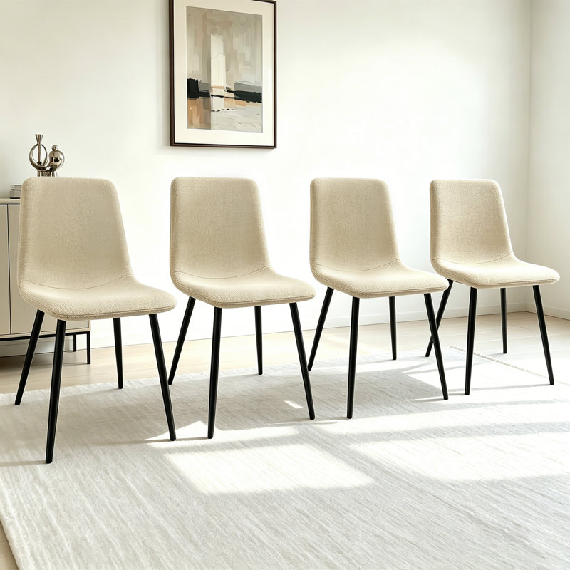 4-Piece Linen Upholstered Dining Chair Set with High Back & Metal Frame, Beige, Black