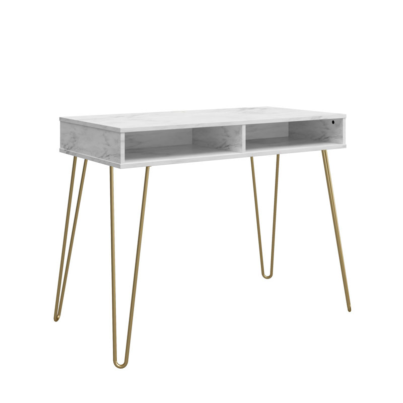 Figy Metal Base Writing Desk, White Marble, White
