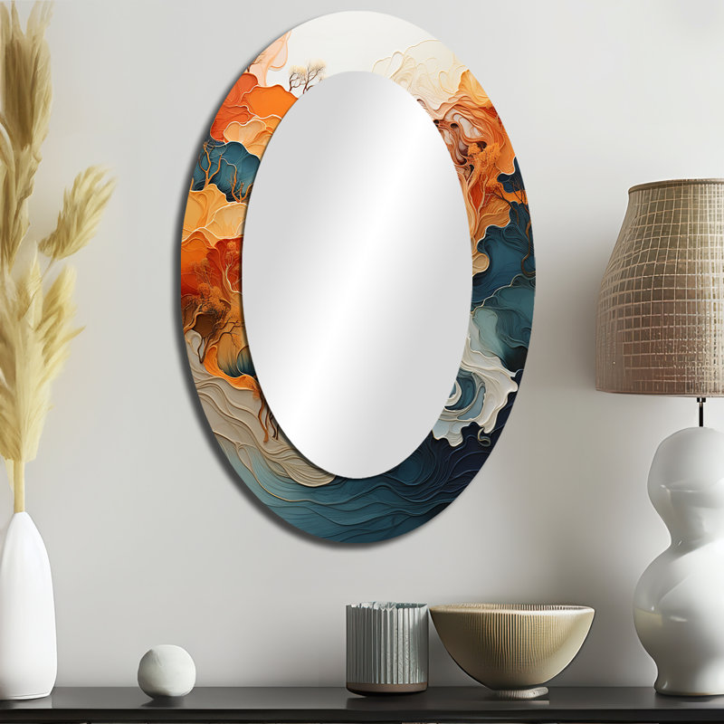 Abstrait abstrait orange et bleu rivière I - décor de miroir mural ovale bleu, H 36 po x l 24 po