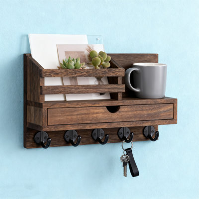 Porte-clés mural avec organisateur de courrier et tiroir de rangement, 5 crochets robustes pour clés, manteaux, laisse pour chien, organisateur de hall d'entrée en bois massif pour la maison