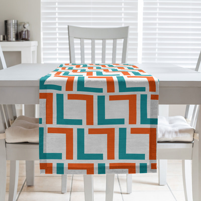 Chemin de table Miami, 72 po x 16 po, Blanc / turquoise / orange, Coton