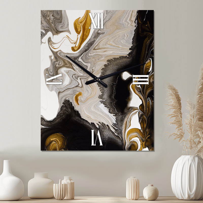 Horloge murale abstraite en or doré et noir Marble Waves IV, Petit