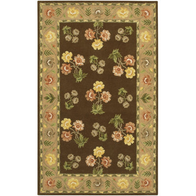 Tapis oriental floral en laine touffeté à la main brun, beige, brun clair, jaune, orange, rose, vert et crème Metro	