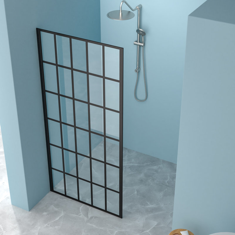 Porte de douche à panneau simple fixe sans cadre 34 x 72 pouces, verre transparent de 5/16 pouce (8 mm), entrée ouverte noire mate | Idée de cadeau