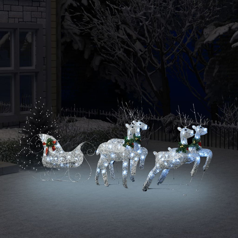 Décoration de Noël 4 pièces renne et traîneau avec éclairage DEL, Argent argent