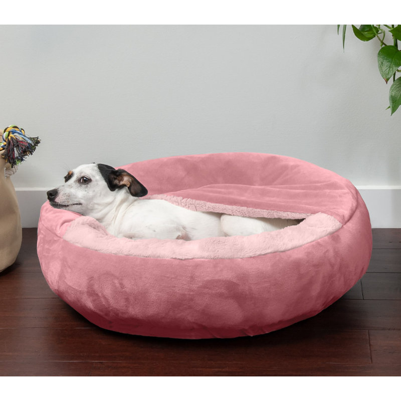 Small Rose Pink Velvet and Faux Fur Hooded Donut Pet Bed