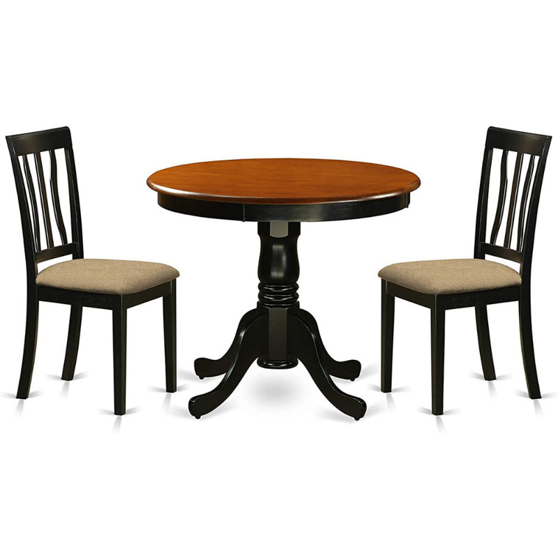 3 Piece Kitchen Table Set for Small Spaces Contains a Round Dining Room Table with Pedestal and 2 Linen Fabric Upholstered Chairs, Black & Cherry