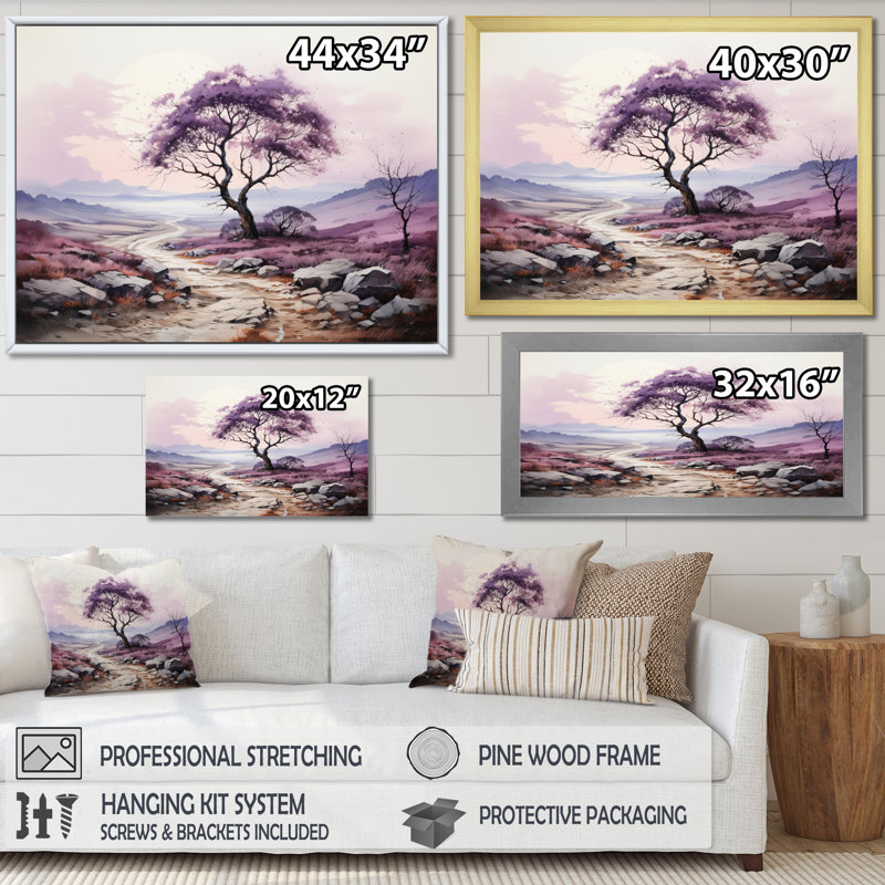«Purple Tree Dusk Symphony Landscape I», reproduction d'art sur toile encadrée monochrome, Cadre flottant doré