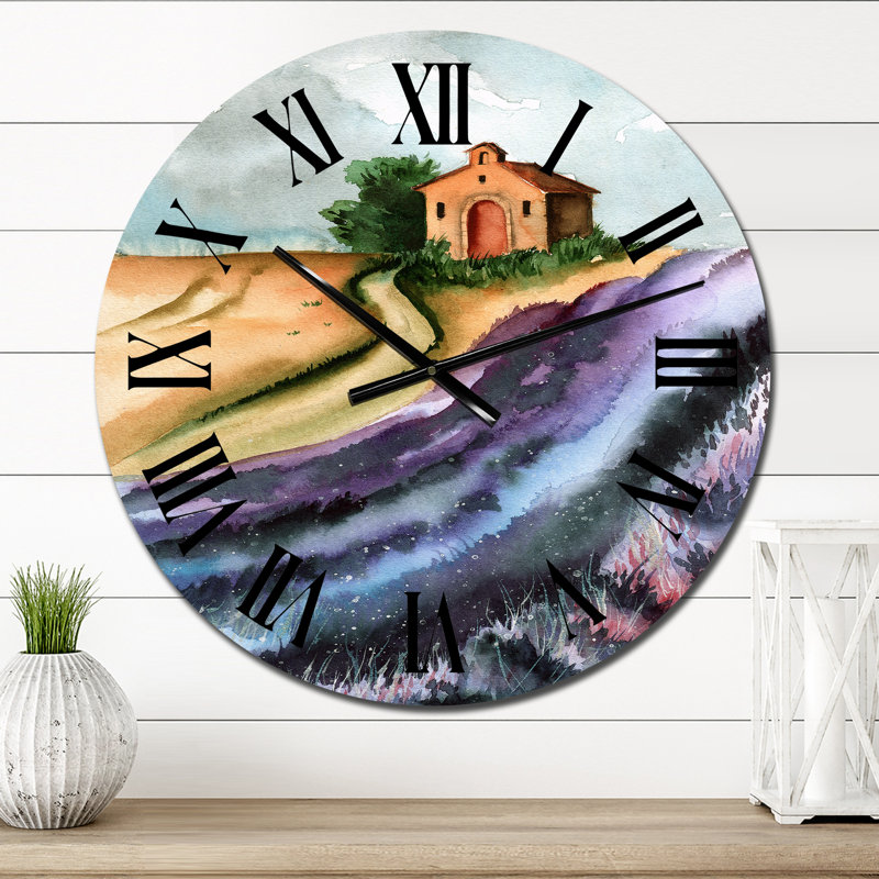 Horloge murale champ de lavande avec petite maison, Petit