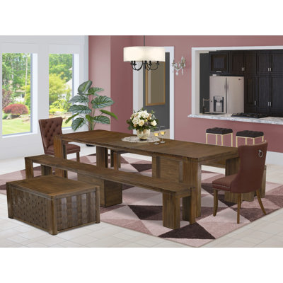 L'ensemble de salle à manger extensible 6 pièces comprend une table de cuisine rectangulaire, 1 table basse, 2 chaises bourgogne et 2 bancs modernes, noyer antique