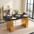 Modern-style rectangular tempered glass dining table, featuring a fashionable marble-patterned design with gold dual-pedestal metal legs, Ideal for dining rooms and Home Offices.-664627236-664627237
