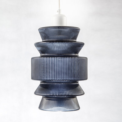 Smoked Ribbed Glass Pendant Lamp Shade With Stacked Multi-Tiered Shape By 