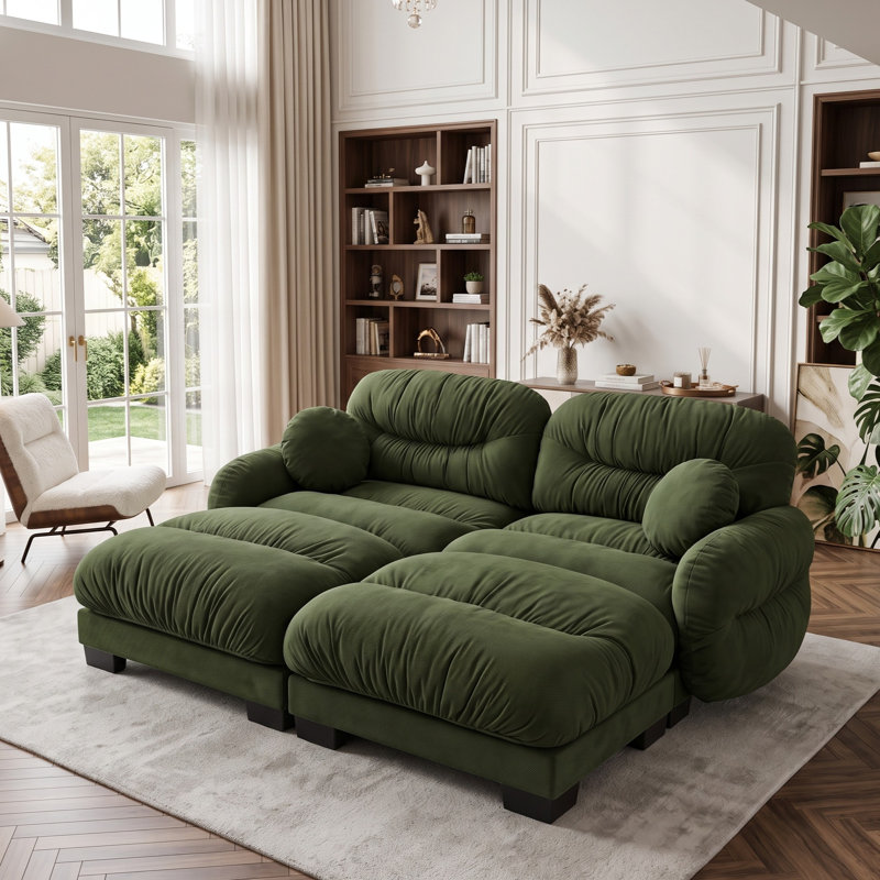 Canapé d'angle modulaire 2 places en chenille plissée avec 2 poufs, Vert