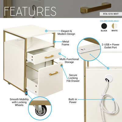 Modern Rolling 2-Drawer File Cabinet with Locking File Drawer, 2 USB Charging Ports & Power Outlet, and Locking Wheels