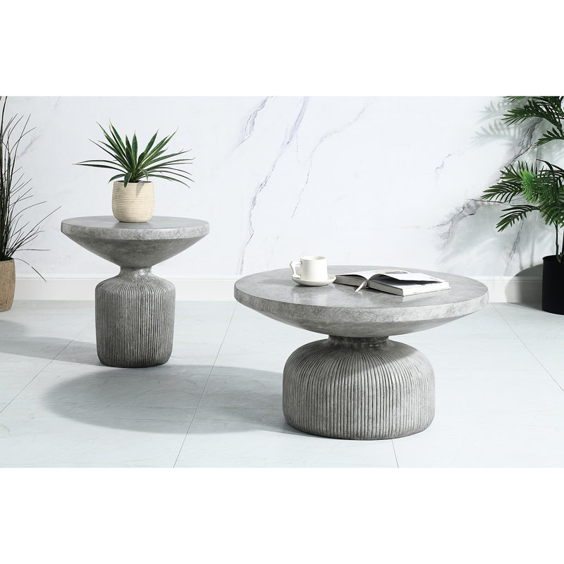 Table basse moderne moderne en ciment avec couvercle rond gris patiné et table de support à piédestal