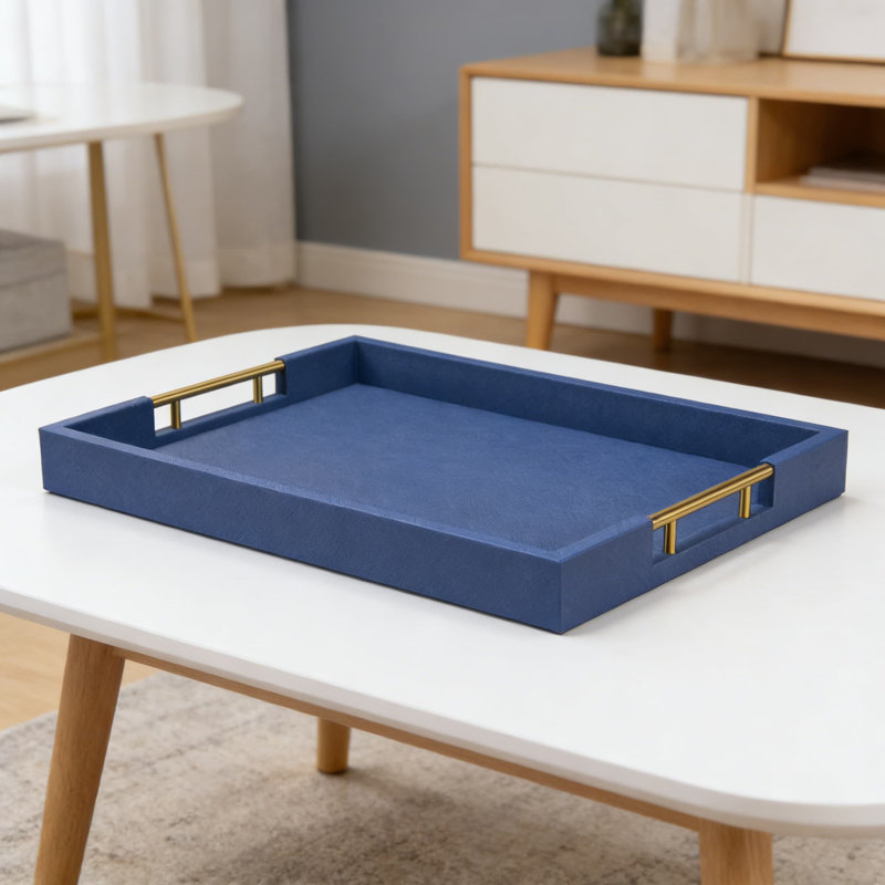 Faux Leather Wrapped Wood Serving Tray With Metal Handles - Multipurpose Ottoman Tray For Home Decor, Coffee Table, And Bed Breakfast Serving